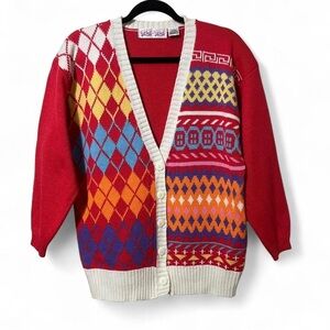 Vintage Argyle Print Multicolor Cardigan 100% Acrylic Size Medium